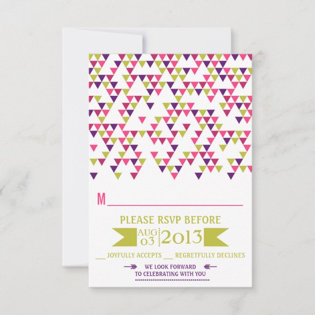 Colorful Geometric Triangles Mod Wedding RSVP Card (Front)