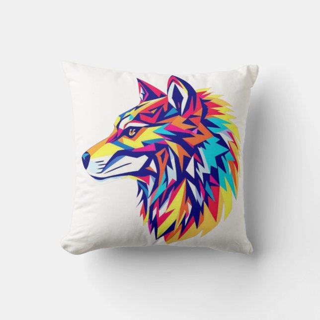 Colorful Geometric Wolf Throw Pillow (Front)