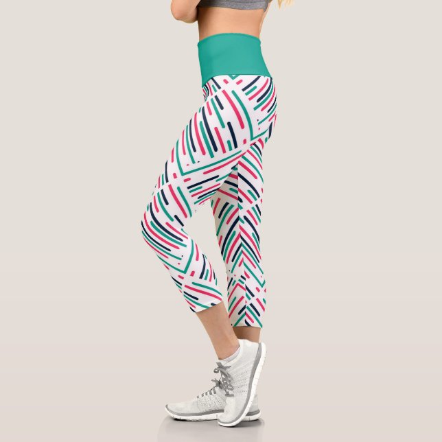 Colorful Geometrical lines Blue Pink Teal Capri Leggings (Left)
