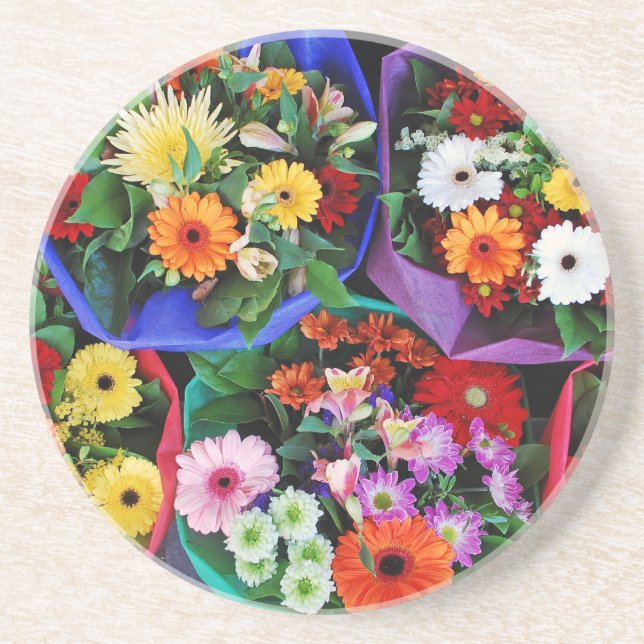Colorful gerber flower bouquets sandstone coaster (Front)