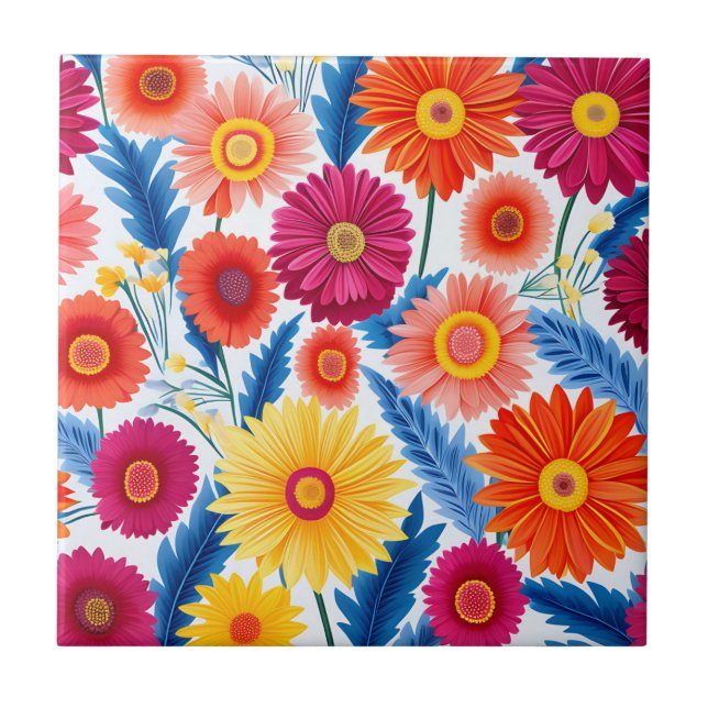 Colorful Gerbera Daisies Floral Ceramic Tile (Front)
