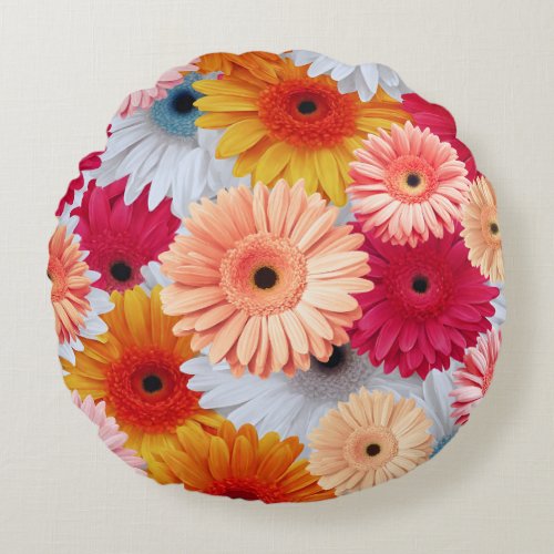 Colorful Gerbera Flowers Round Pillow