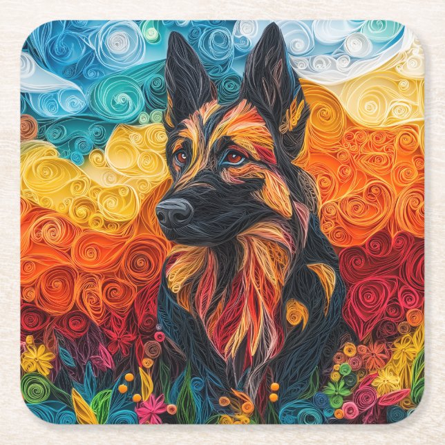 Colorful German Shepherd Dog Portrait Square Paper Coaster (Front)