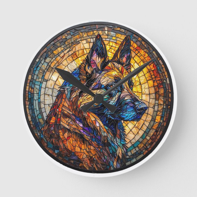 Colorful German Shepherd Portrait Round Clock (Front)