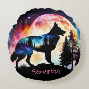 Colorful German Shepherd Silhouette *Personalize* Round Pillow