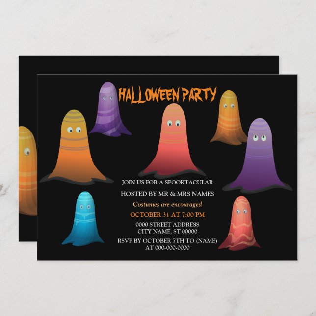 Colorful Ghosts Halloween Invitation (Front/Back)