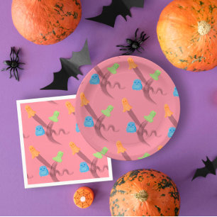 Colorful ghosts in pink Halloween party Paper Plates