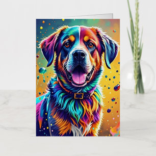 Colorful giant happy playful funny dog, splash foil greeting card