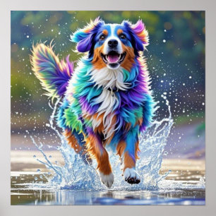 Colorful giant happy playful funny dog, splash poster