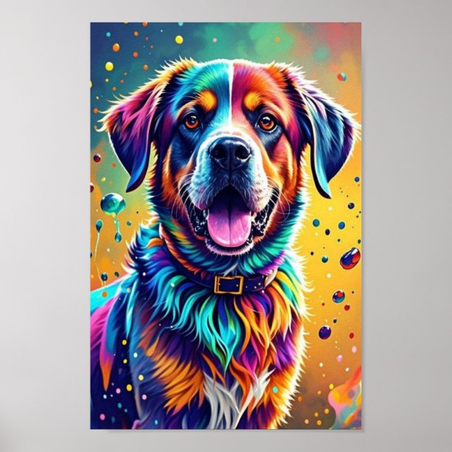 Colorful giant happy playful funny dog, splash poster (Front)