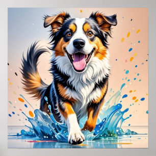 Colorful giant happy playful funny dog, splash poster