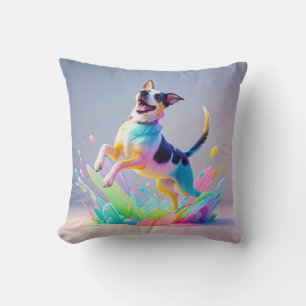 Colorful giant happy playful funny dog, splash throw pillow