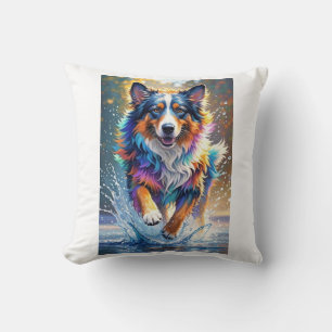 Colorful giant happy playful funny dog, splash throw pillow
