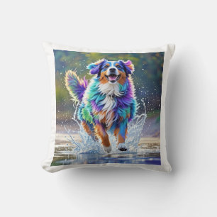 Colorful giant happy playful funny dog, splash throw pillow