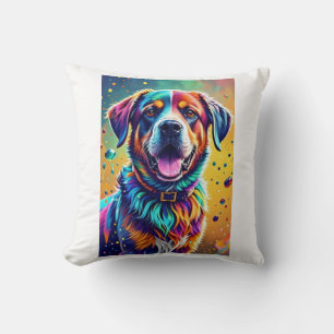 Colorful giant happy playful funny dog, splash throw pillow