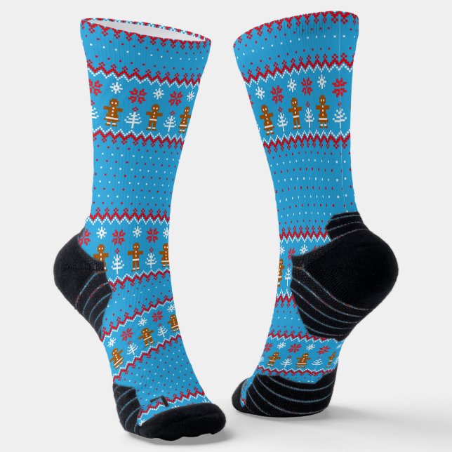 Colorful Gingerbread Festive Christmas gift Blue Socks (Angled)