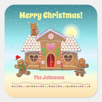 Colorful Gingerbread House With A Cat On The Roof Square Sticker by XmasJoy at Zazzle