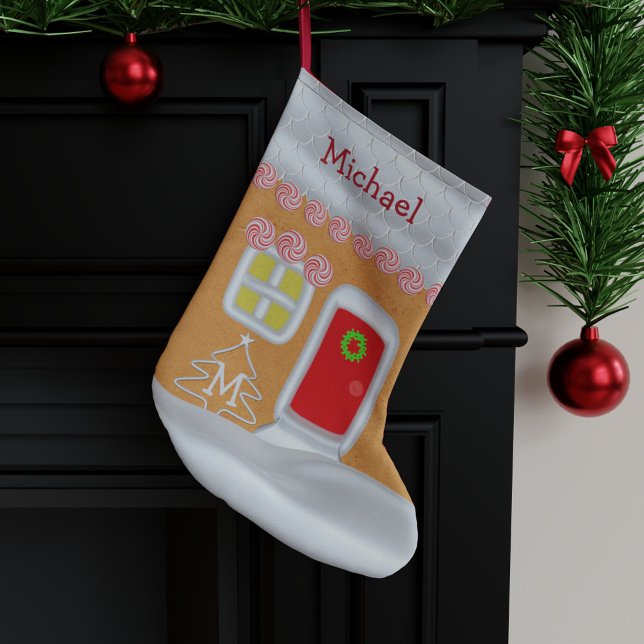 Colorful Gingerbread Kids Large Christmas Stocking (A fun and festive Christmas stocking inspired by a gingerbread house.)