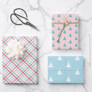 Colorful Gingham and Christmas Trees Wrapping Paper Sheets