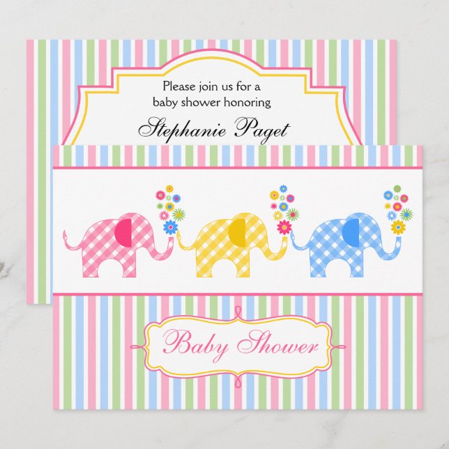 Colorful Gingham Elephants Baby Shower Invitation (Front/Back)