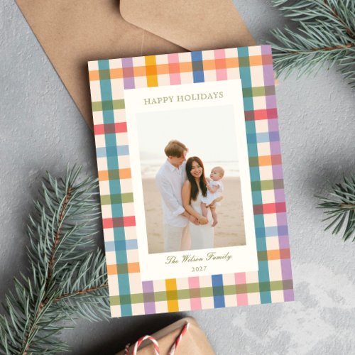 Colorful Gingham Happy Holidays Family Photo Holiday Card