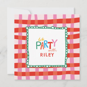Colorful Gingham "Let’s Party" Custom Name Kids Invitation