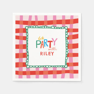 Colorful Gingham "Let’s Party" Custom Name Kids Napkins