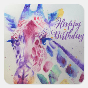 Colorful Giraffe animal Watercolour Art Boys Square Sticker