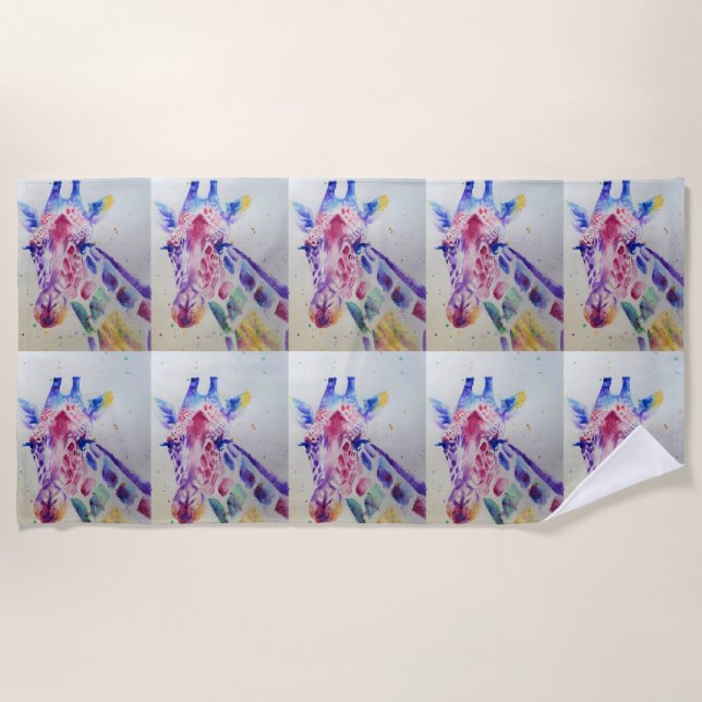 Colorful Giraffe Animal Watercolour Beach Towel (Front)
