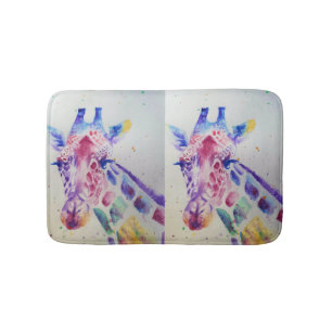 Colorful Giraffe Animal Zoo Watercolour Bath Mat