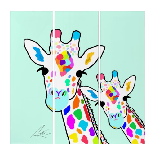 Colorful Giraffe Family Art Triptych