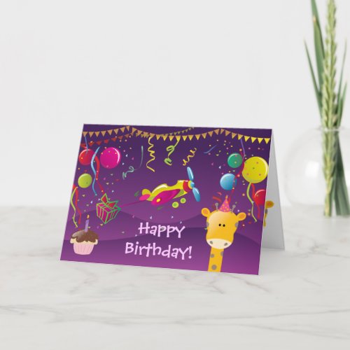 Colorful Giraffe Plane Cake  Balloons Birthday Card