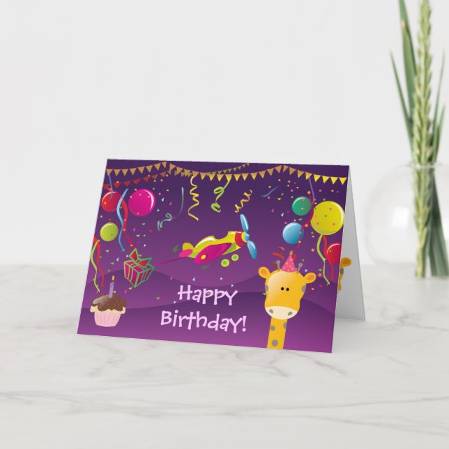 Colorful Giraffe, Plane, Cake & Balloons Birthday Card (Front)