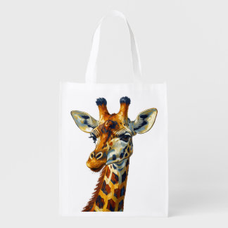 Colorful Giraffe Portrait Oil Painting Art Grocery Bag