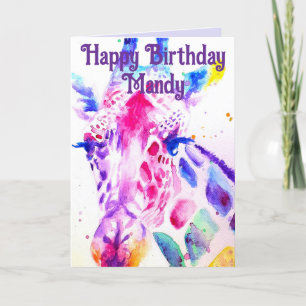 Colorful Giraffe Watercolour Girls Birthday Card