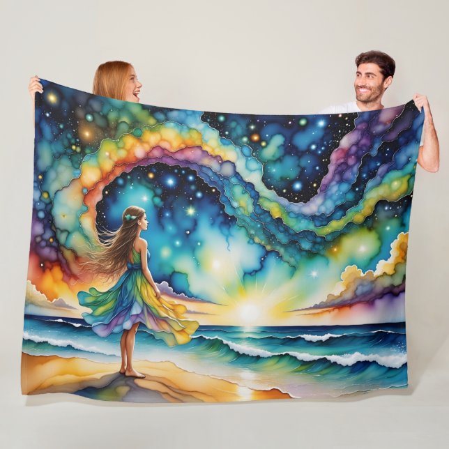 Colorful Girl Beach and Sky  Fleece Blanket (In Situ)