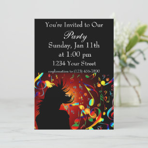 Colorful girl dancing and musical notes invitation