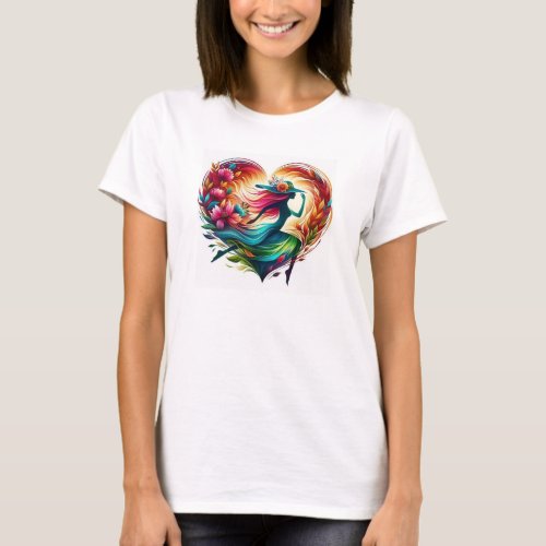 Colorful Girl Flowers And Heart Print Art T_Shirt