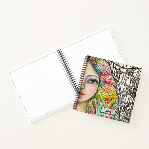 Colorful Girl Fun Jester Black White Whimsical Art Notebook