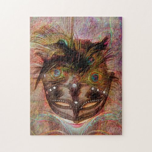 Colorful Girl in Mask With Peacock Feathers Jigsaw Puzzle