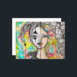 Colorful Girl Jester Black White Fun Whimsical Art Postcard<br><div class="desc">This whimsical art postcard was created from my original painting of a cool artsy girl with fun black and white quirky hand lettering on the front and a black and white artistic jester girl covered in modern doodles with a bright, colorful background with shades of bright yellow, turquoise blue green,...</div>
