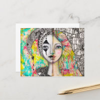 Colorful Girl Jester Black White Fun Whimsical Art