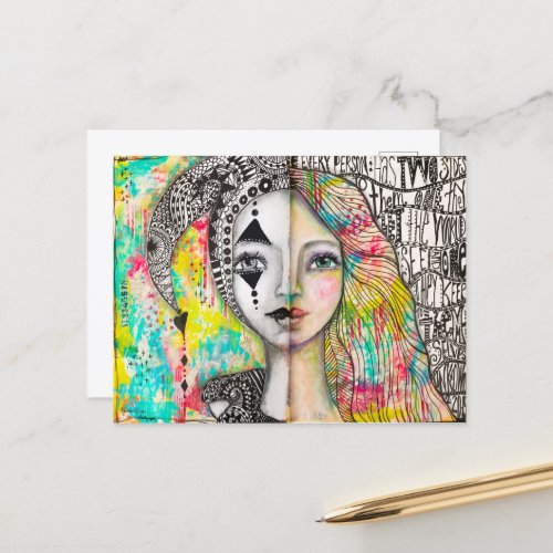 Colorful Girl Jester Black White Fun Whimsical Art Postcard
