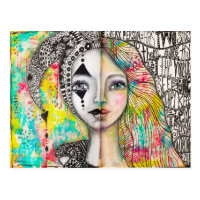 Colorful Girl Jester Black White Fun Whimsical Art Postcard
