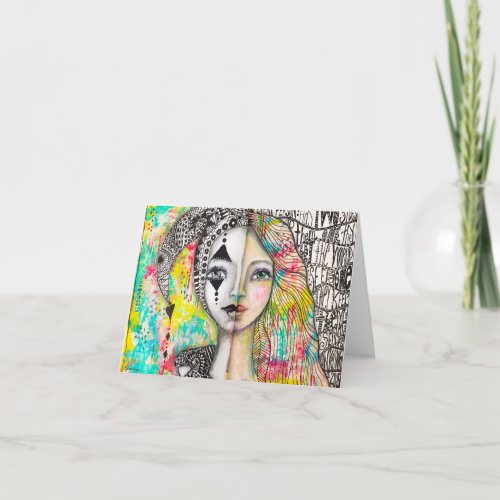 Colorful Girl Jester Cool Artsy Whimsical Art Note Card