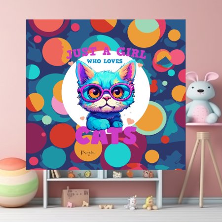 Colorful Girl Loves Cats  Faux Canvas Print