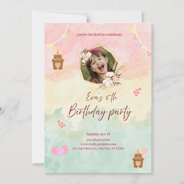 Colorful Girl’s 5th Birthday Invitation Design  (Front)