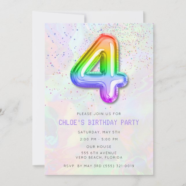 Colorful Girl's 4th Birthday Balloon Party Invitation (Front)