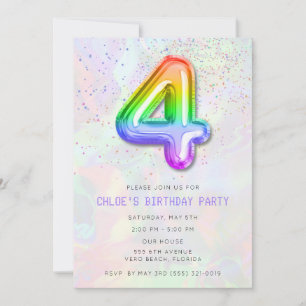 Colorful Girl's 4th Birthday Balloon Party Invitation