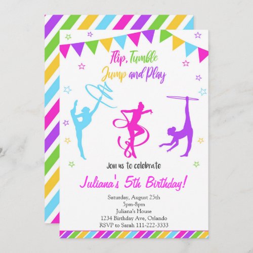 Colorful Girls Gymnastic Birthday Invitation